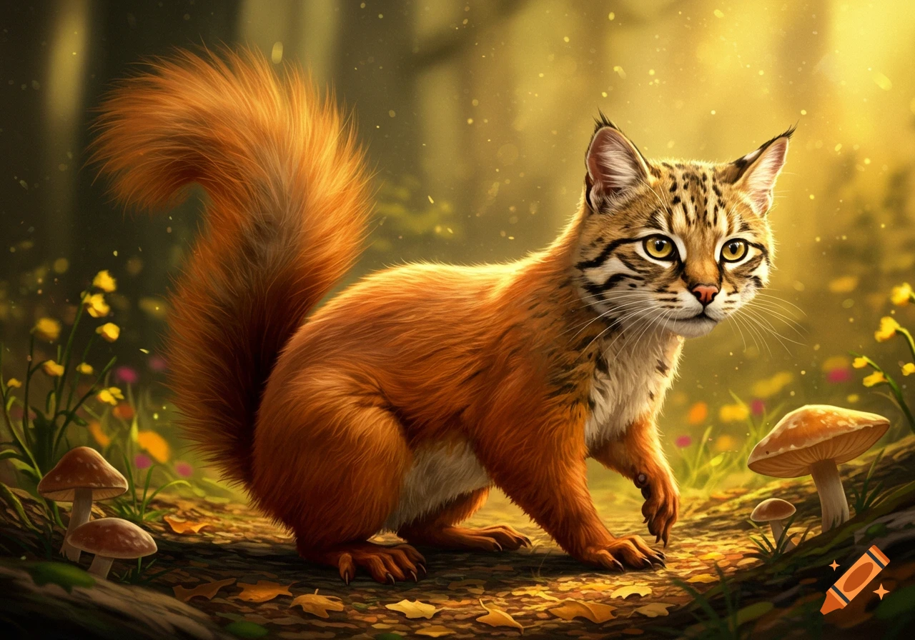 A creative hybrid creature with a wildcat head and markings on a squirrel-like body and bushy orange tail, stands in a golden-lit forest with mushrooms and small flowers.