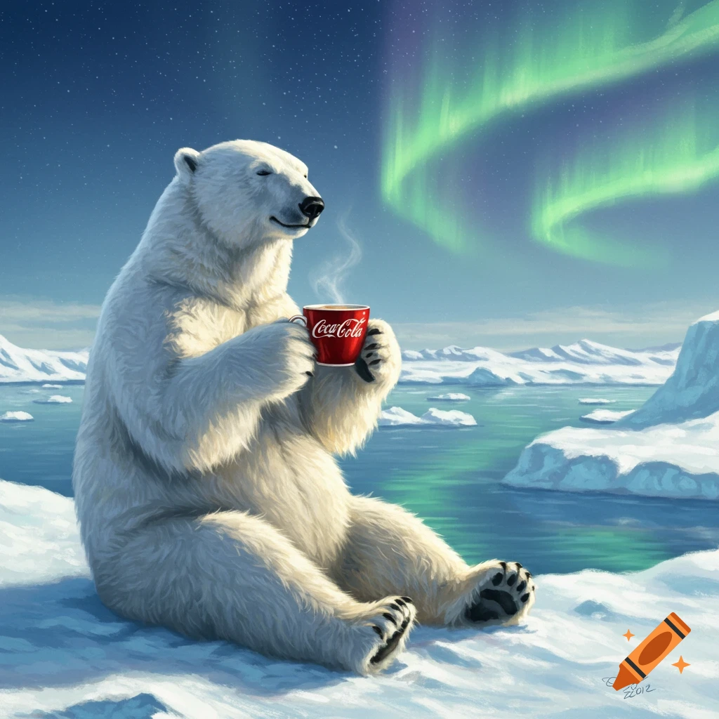 A fluffy polar bear sits in a snowy arctic landscape under the aurora borealis, holding a steaming red Coca-Cola mug.