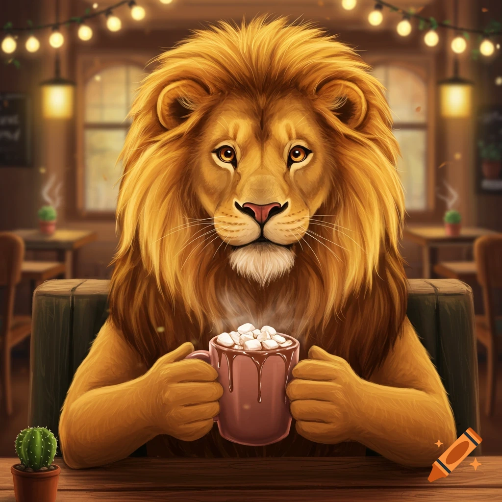 An illustrated lion sits in a cozy cafe, holding a mug of hot cocoa with marshmallows.