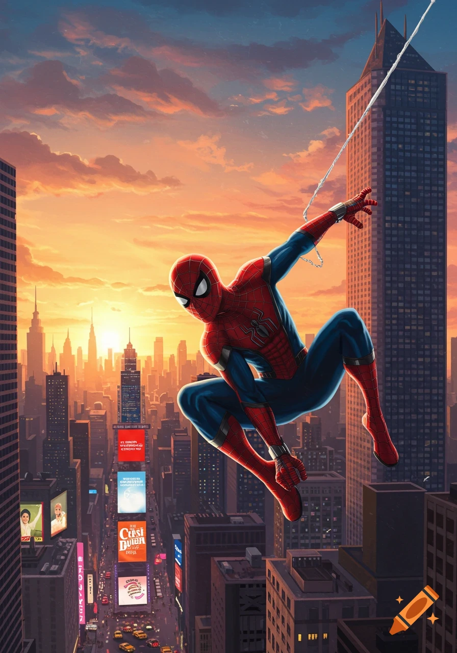 Spider-Man swings through a vibrant city skyline at sunset, with tall buildings and illuminated billboards.