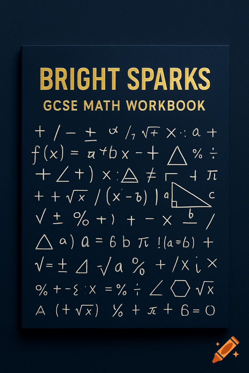 A dark blue book cover titled "BRIGHT SPARKS GCSE MATH WORKBOOK" in gold text, with white handwritten mathematical symbols below.