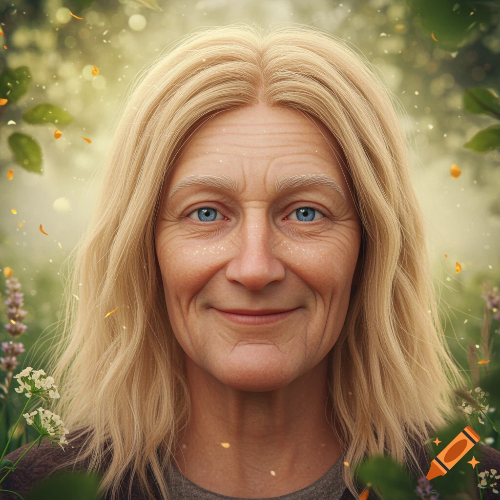 Close-up photorealistic portrait of a smiling older person with long blond hair and striking blue eyes, set in a soft, ethereal outdoor scene with falling leaves.