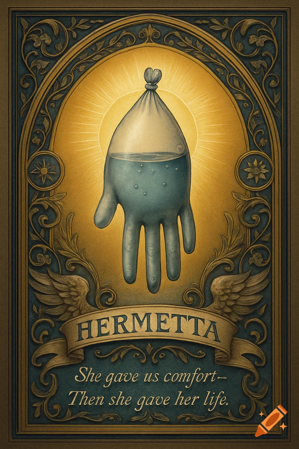 An ornate, religious-style crest featuring a water-filled latex glove, with text 'Hermetta' and a quote below it.