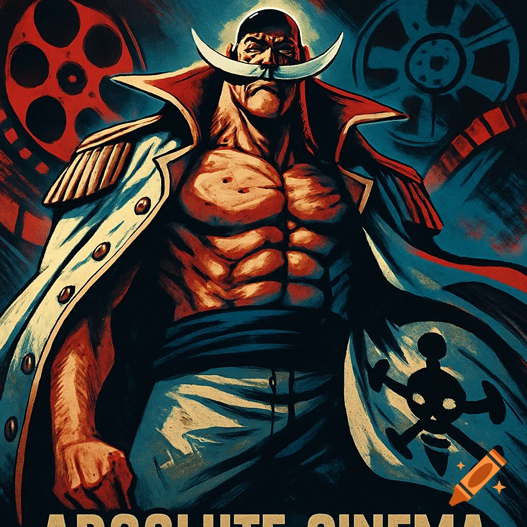 Stylized poster art of Whitebeard from One Piece, a muscular man with a large white mustache, with film reels in background. Text: ABSOLUTE CINEMA.