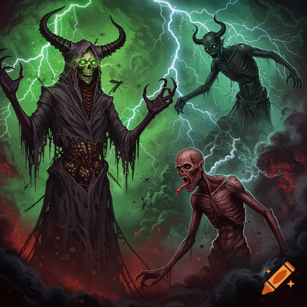 Digital illustration of three grotesque demons with horns, one shrouded, one skeletal, and one zombie-like with a long tongue, against a swirling green background with lightning and red mist.