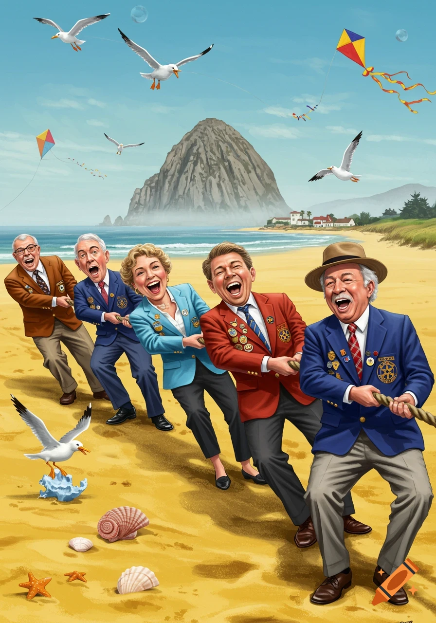 An illustration of a group of laughing adults in blazers playing tug-of-war on a sunny beach with a mountain, ocean, and seagulls in the background.
