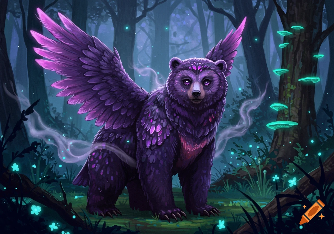 A vibrant purple winged bear stands in a dark, glowing magical forest.