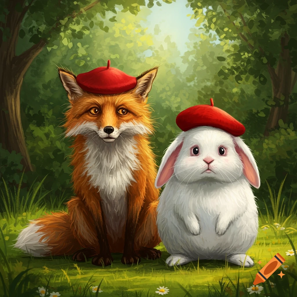A cute red fox and a white rabbit wearing red berets sit together in a green forest.