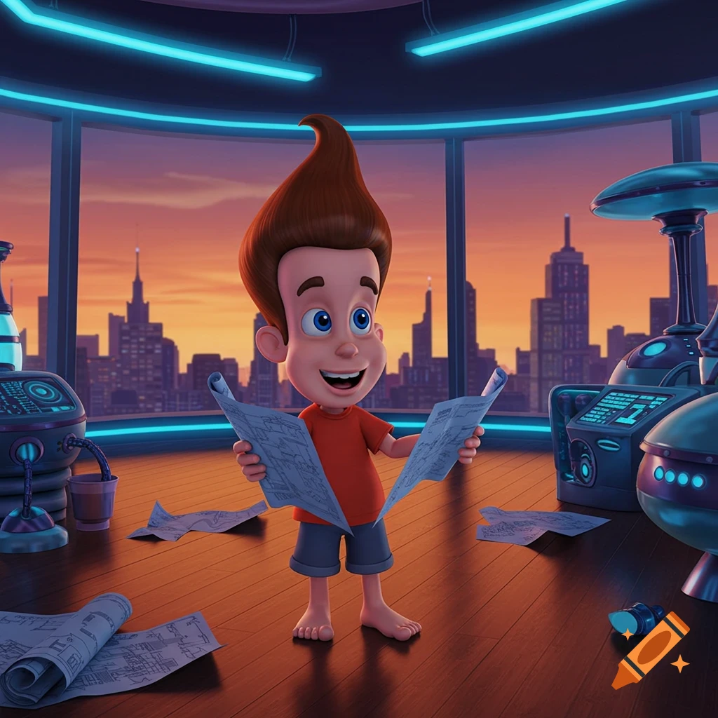 Jimmy Neutron, a cartoon boy, stands barefoot in a futuristic lab, smiling and holding two large blueprints. A city skyline is visible through windows.