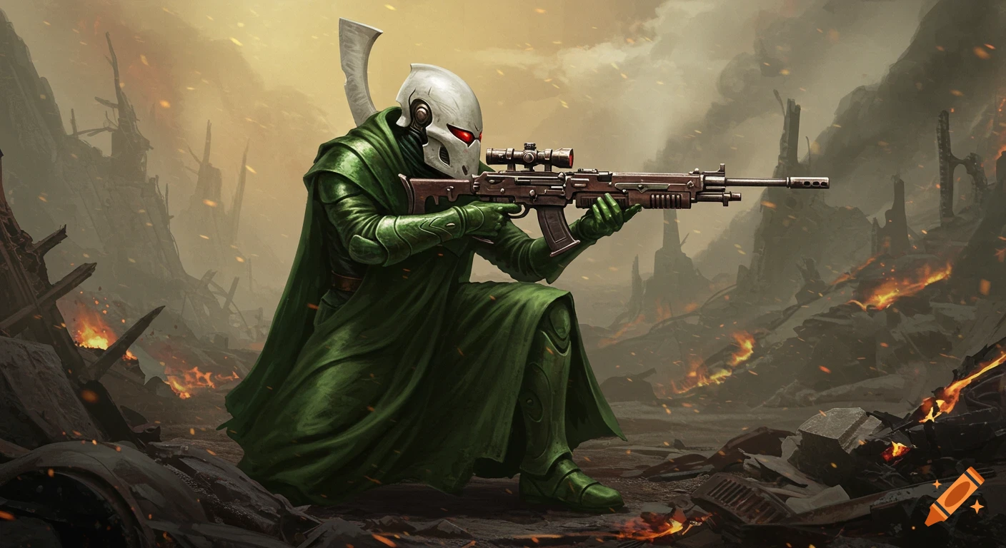 An Eldar ranger in a green cloak and white helmet with red eyes kneels, aiming a long rifle with a scope through war-torn rubble and burning wreckage.