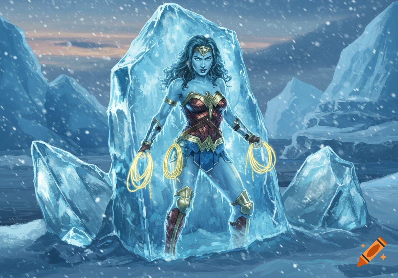 Wonder Woman, with blue-tinged skin, stands frozen within a large ice block in a snowy landscape with ice formations.