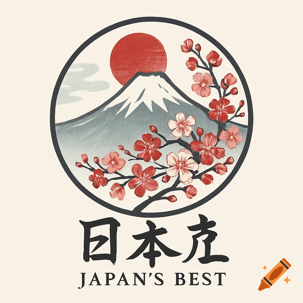 A circular Japanese logo featuring a red sun, Mount Fuji, and pink cherry blossoms, with text 'JAPAN'S BEST'.