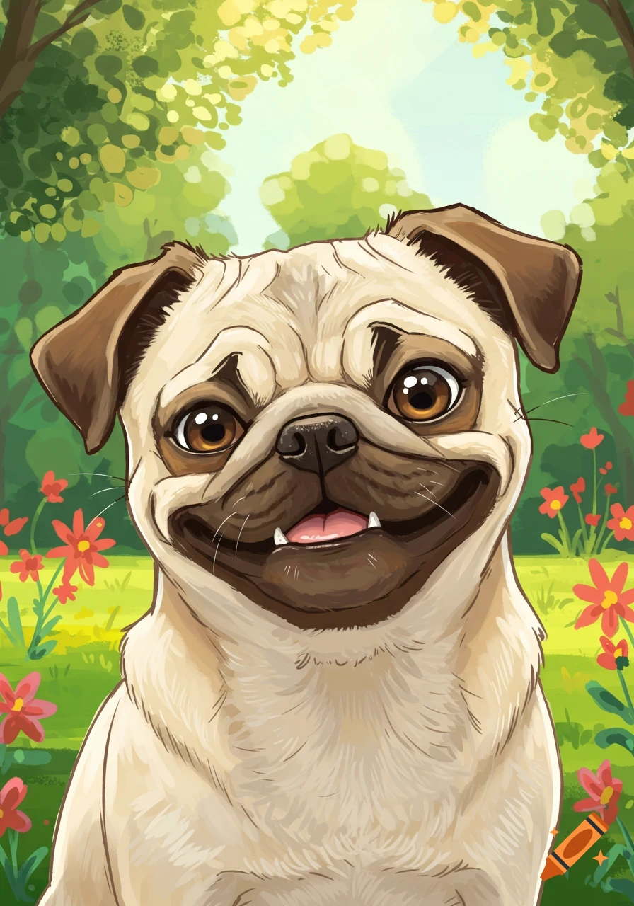 A cartoon pug dog with a wide, devious grin sits in a bright green garden surrounded by red flowers.