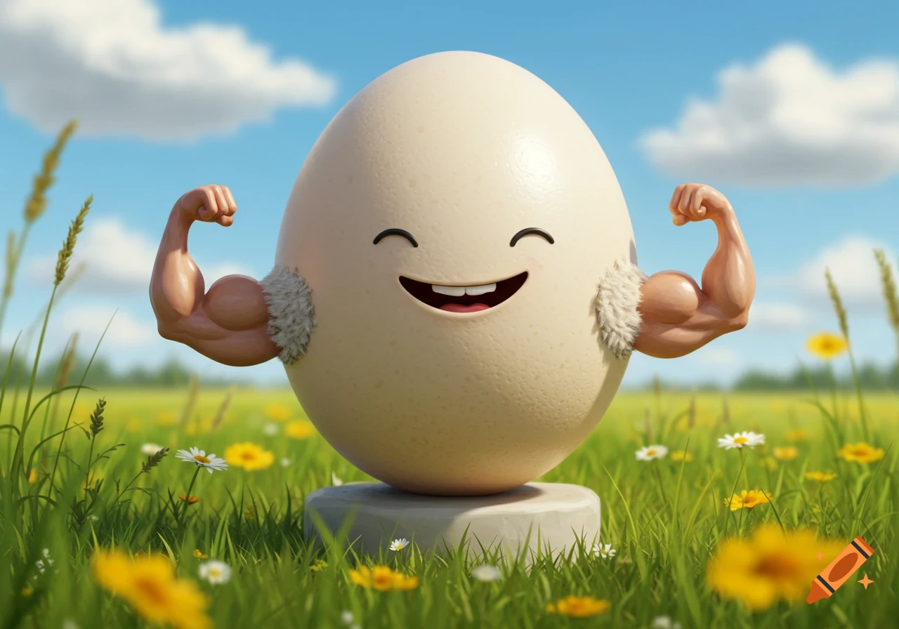 A strong, smiling egg character with bulging biceps stands in a green field under a blue sky.