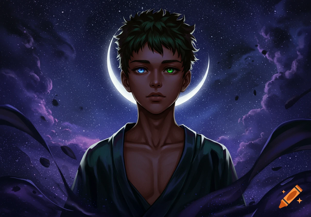 Anime boy with dark skin and heterochromatic eyes, against a starry night sky with a crescent moon.