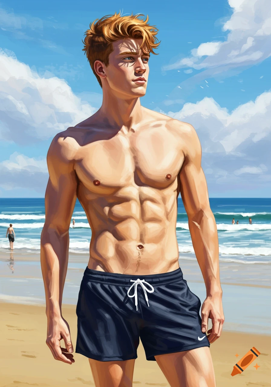 A muscular young man with reddish-blonde hair stands shirtless on a sunny beach wearing dark swim trunks, looking out at the ocean. Stylized digital painting.