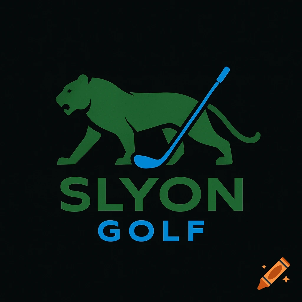 A green stylized lion logo with a blue golf club and the text 'SLYON GOLF' on a black background.