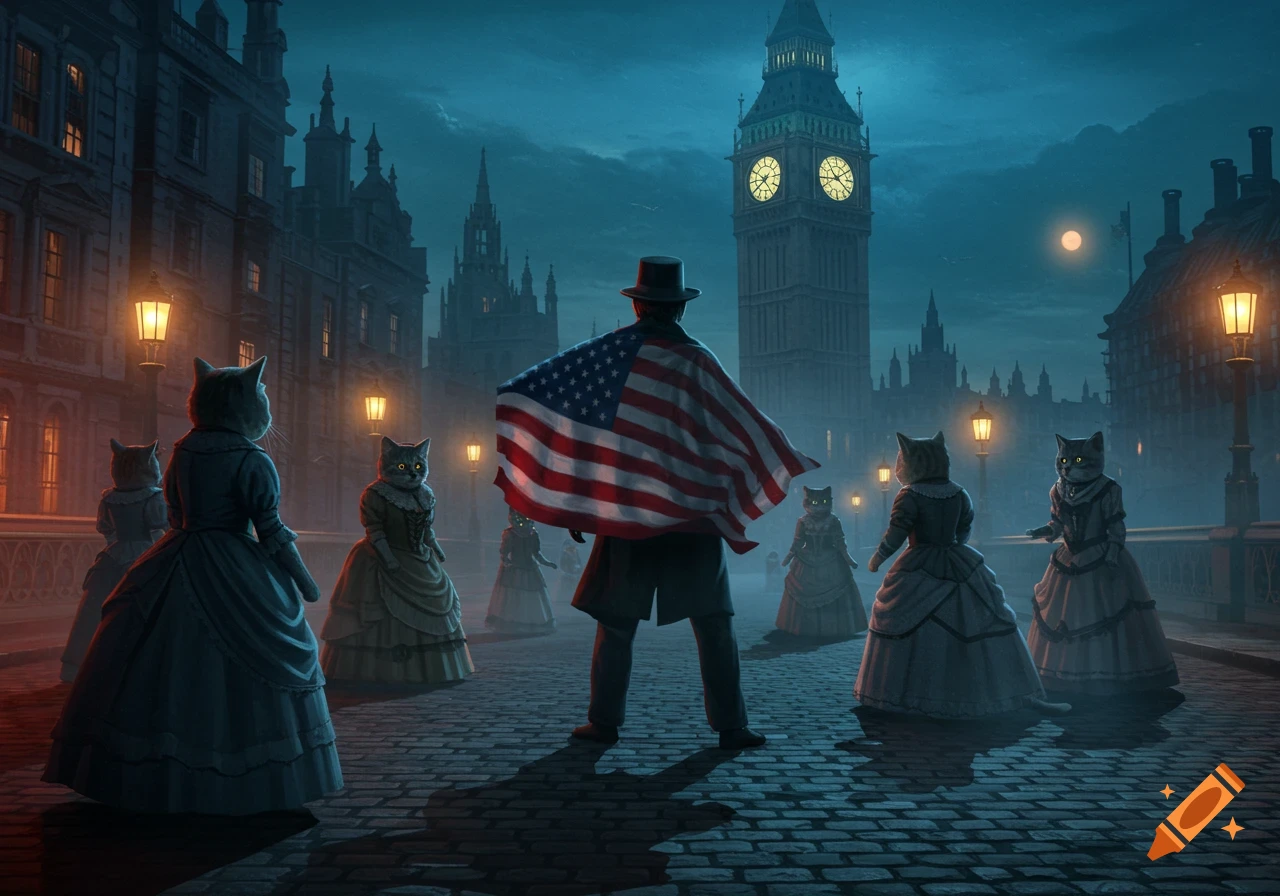 A person with an American flag cape faces away, surrounded by anthropomorphic cats in Victorian dresses on a cobblestone London street at night, with Big Ben.