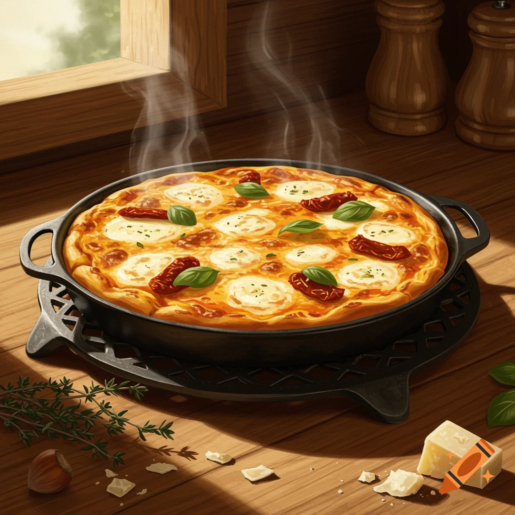 A steaming pasta bake with mozzarella, sun-dried tomatoes, and basil in a cast iron pan on a wooden table with cheese and herbs. Photorealistic style.