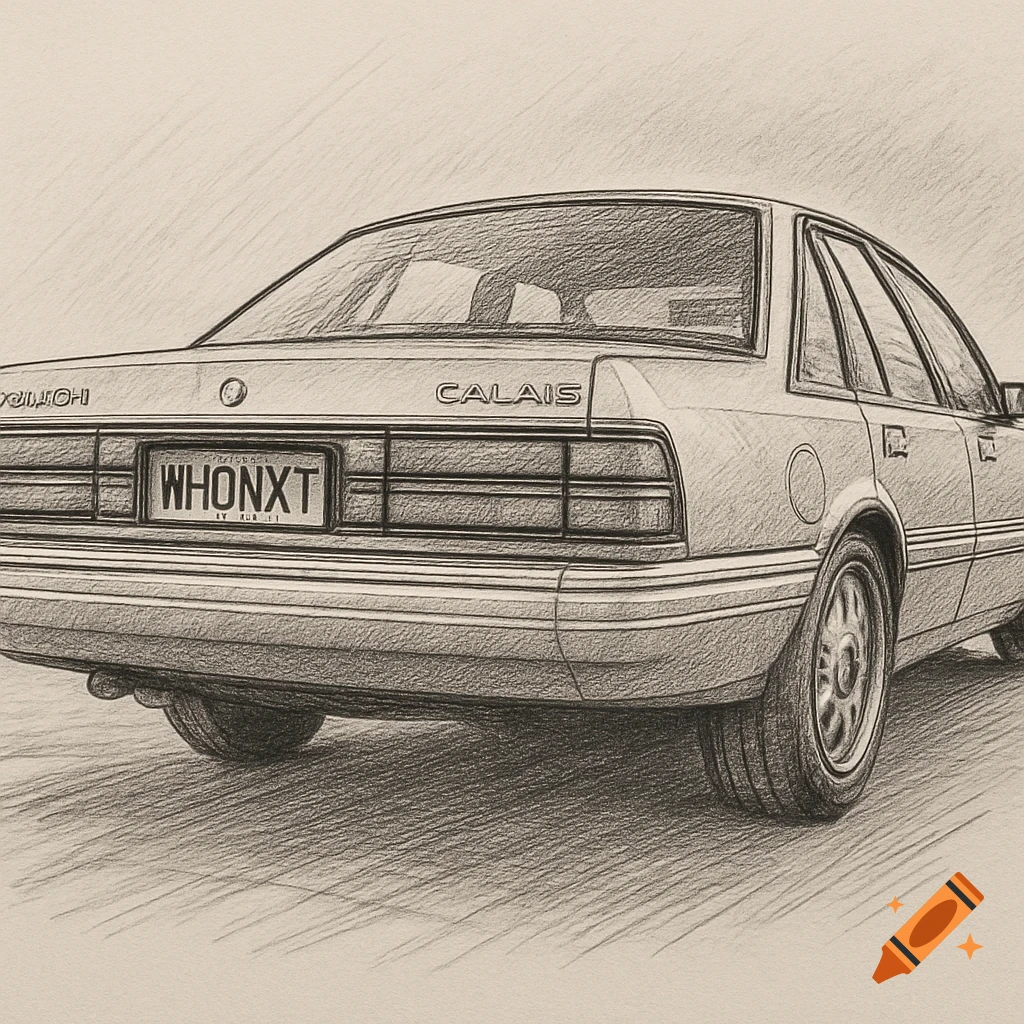 Pencil sketch of the rear of a Holden VL Calais car with license plate "WHONXT" visible, parked on a textured surface.