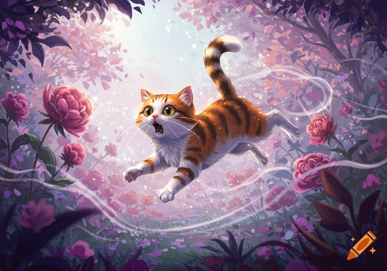 A wide-eyed, scared-looking orange and white tabby cat leaps through a magical forest filled with glowing pink flowers and sparkling light.