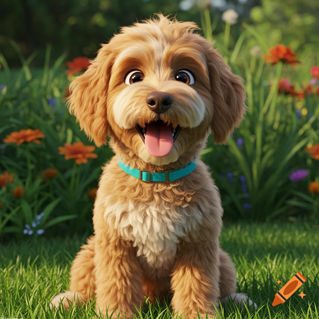 A happy goldendoodle puppy with a teal collar sits in a grassy field with colorful flowers, in a Pixar animation style.
