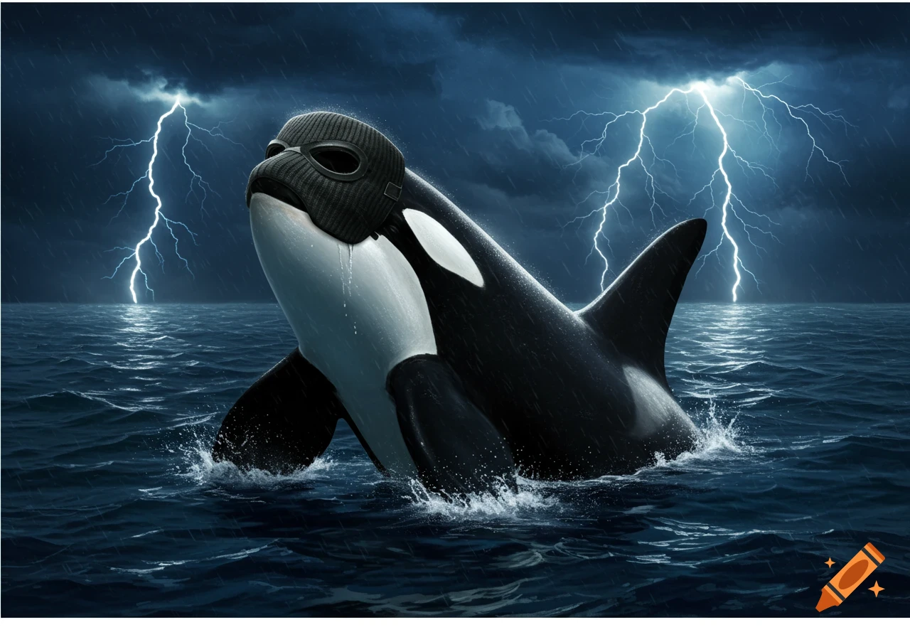 A photorealistic image of an orca wearing a black ski mask surfacing in a stormy ocean with lightning striking in the background.