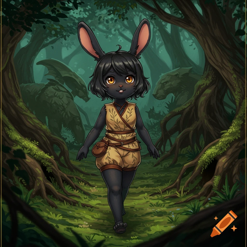 A cute anime-style black rabbit demi-human walks through a lush, dark fantasy forest with subtle monster statues.