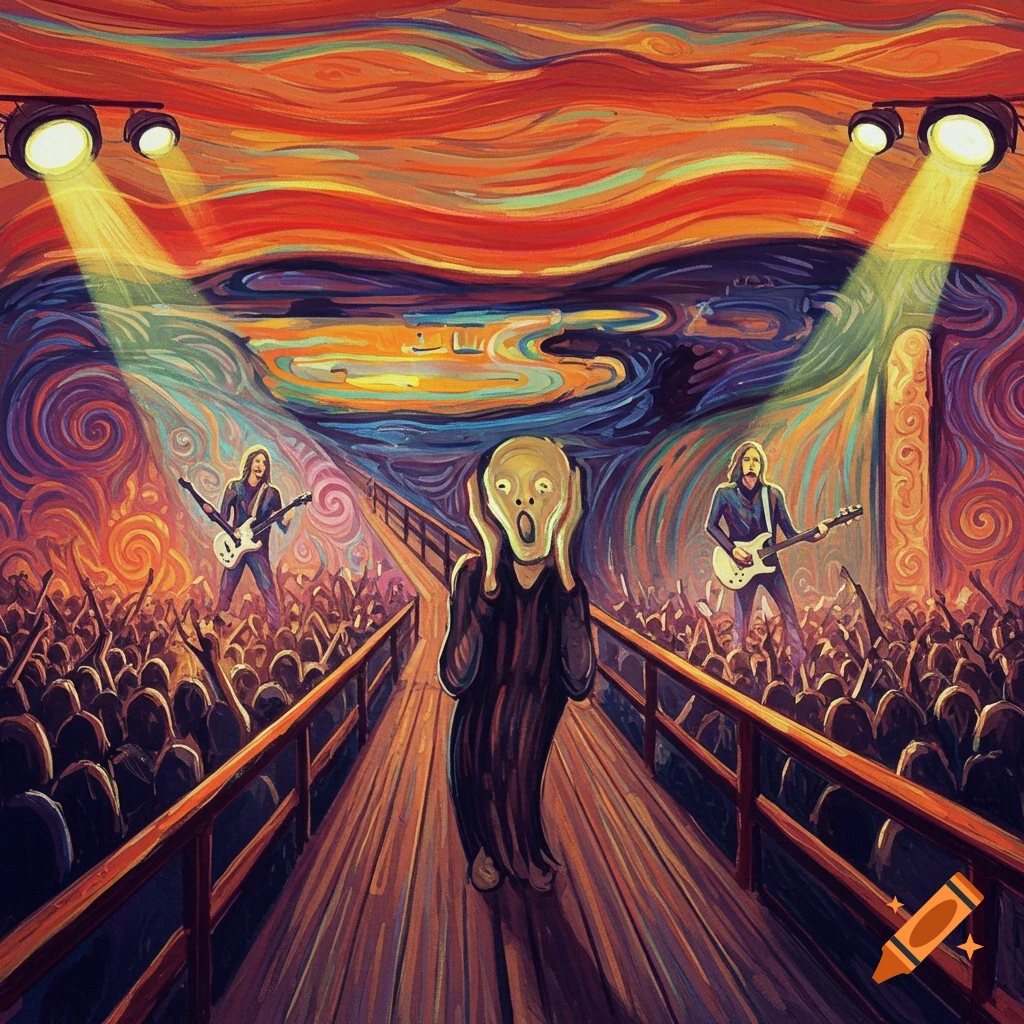 A stylized painting reimagines Edvard Munch's The Scream at a vibrant rock concert, with the screaming figure on stage among guitarists and a large crowd.