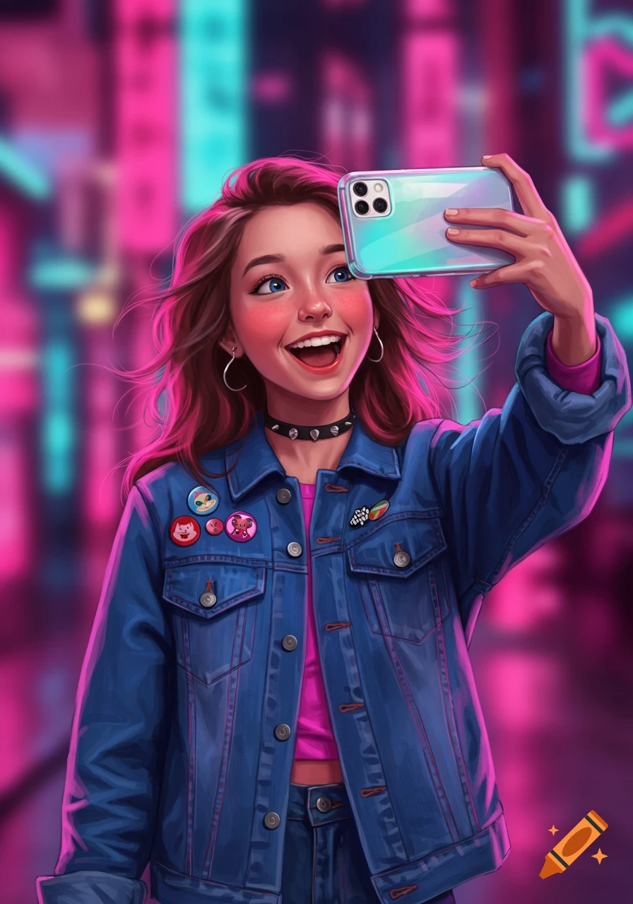 A happy young girl with pink-streaked hair takes a selfie with her phone against a neon urban background, rendered in vibrant digital art.