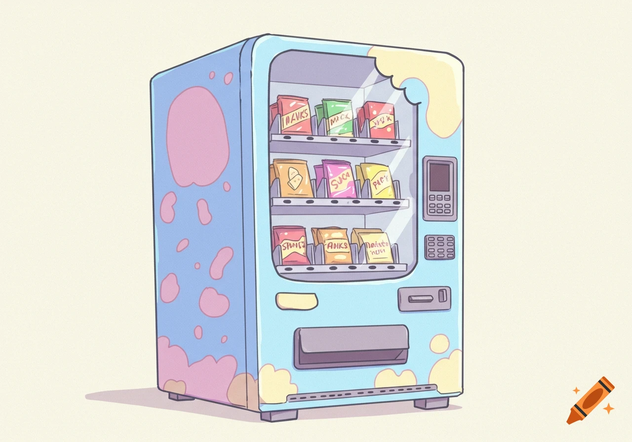 A light blue cartoon vending machine with pink and yellow splotches, a bite mark, and colorful snack bags inside.