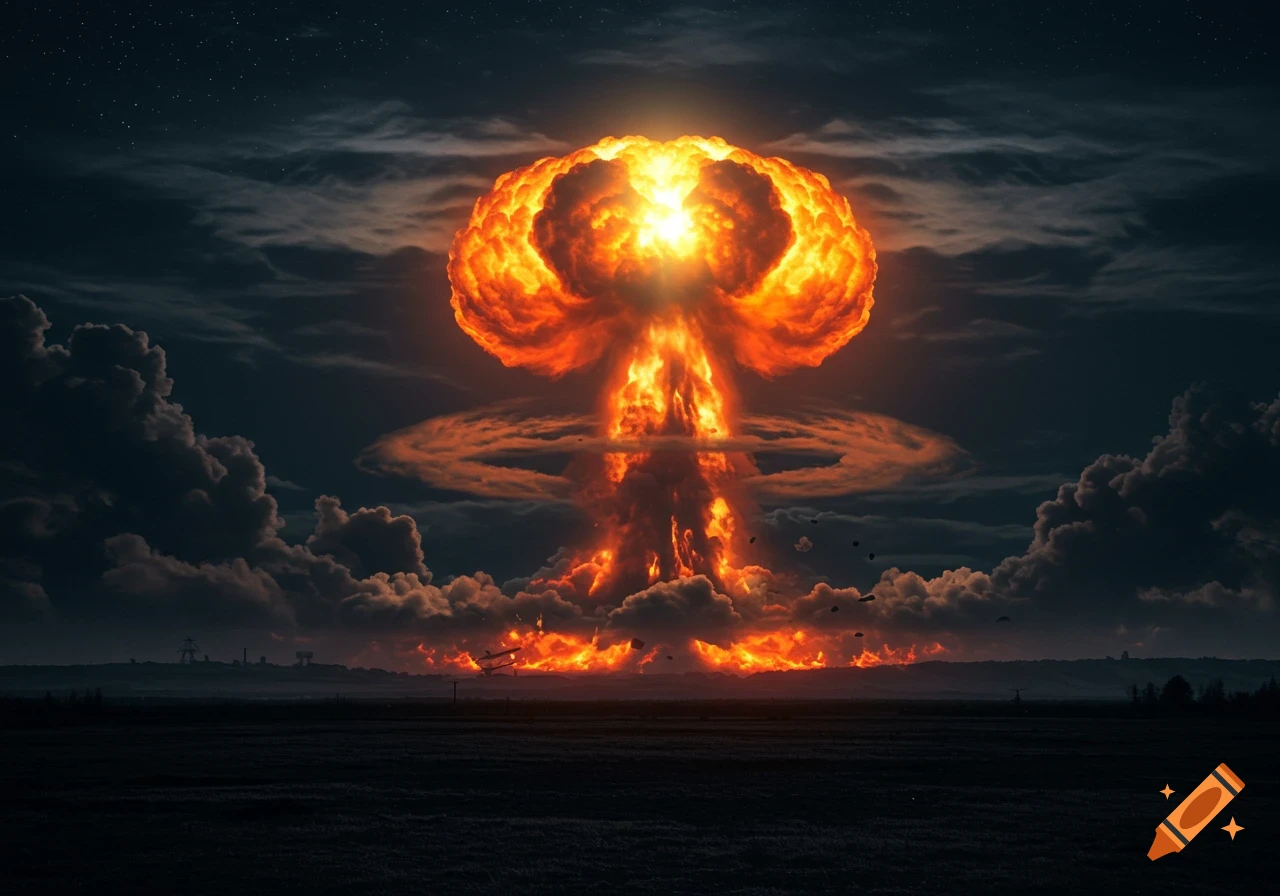 A photorealistic image of a massive atomic bomb mushroom cloud explosion at night, with a dark landscape below.