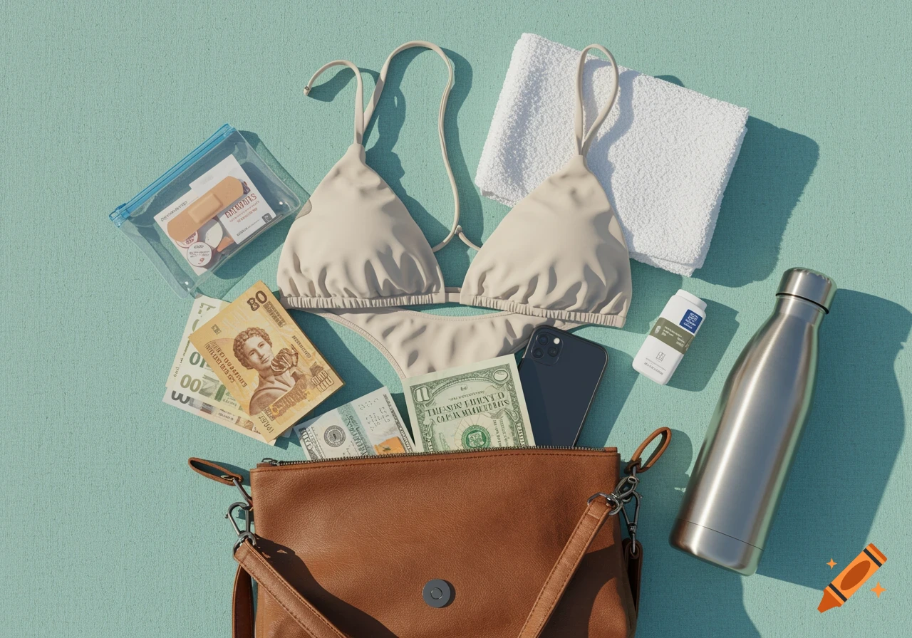 Overhead view of a brown purse with travel essentials spilling out onto a light teal background, including a bikini, towel, phone, money, water bottle, and first aid kit.