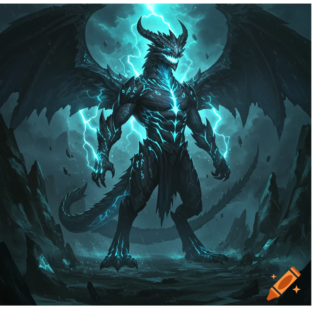 A powerful, dark fantasy creature with glowing blue lightning patterns and large wings stands in a stormy, rocky landscape.