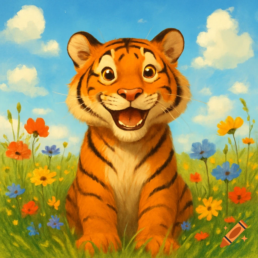 A friendly, smiling cartoon tiger with orange stripes sits in a vibrant green field with colorful flowers under a bright blue sky with clouds.