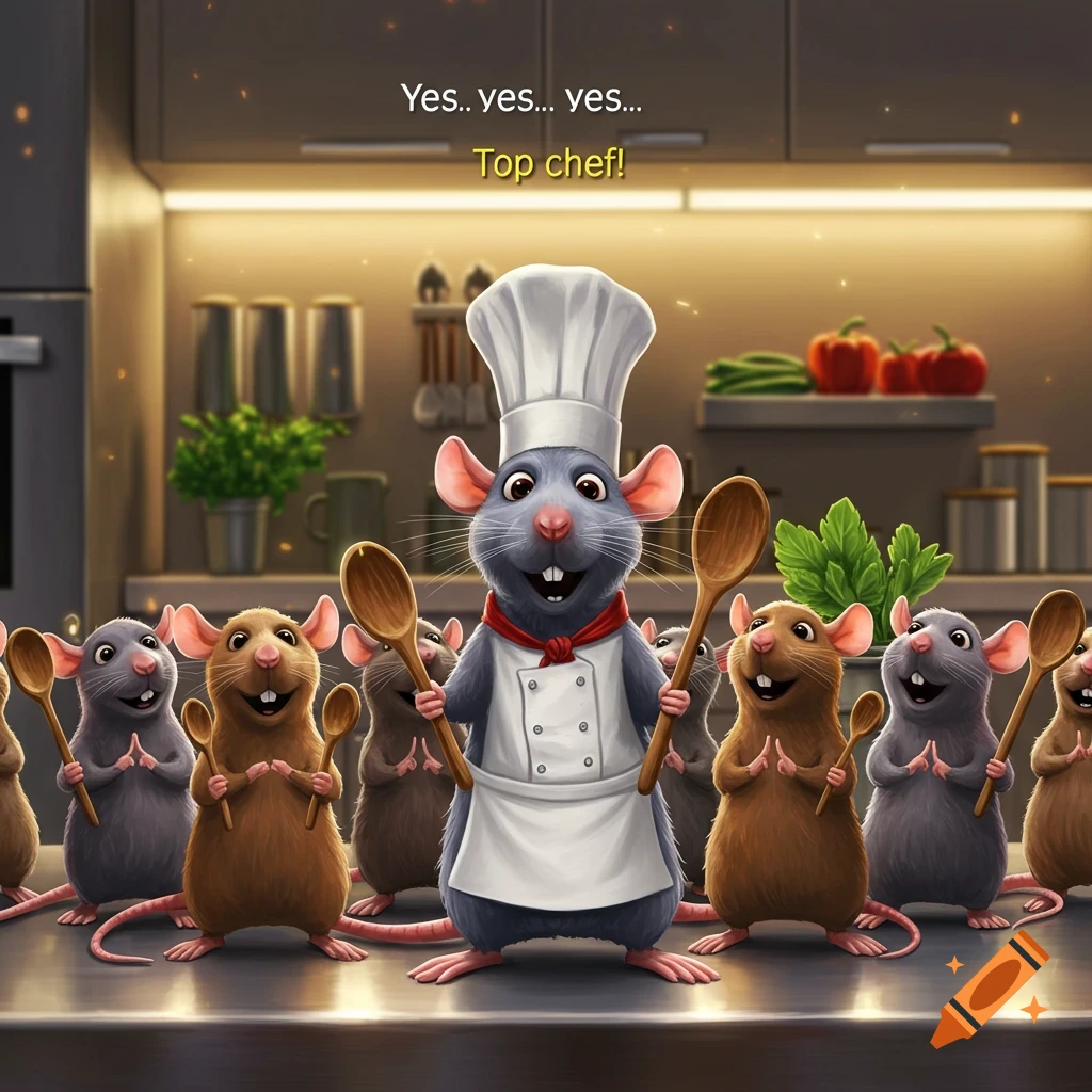 A cartoon rat chef in a white uniform and tall hat stands on a kitchen counter, holding two wooden spoons, surrounded by many other happy rats. Text above reads "Yes.. yes... yes... Top chef!".