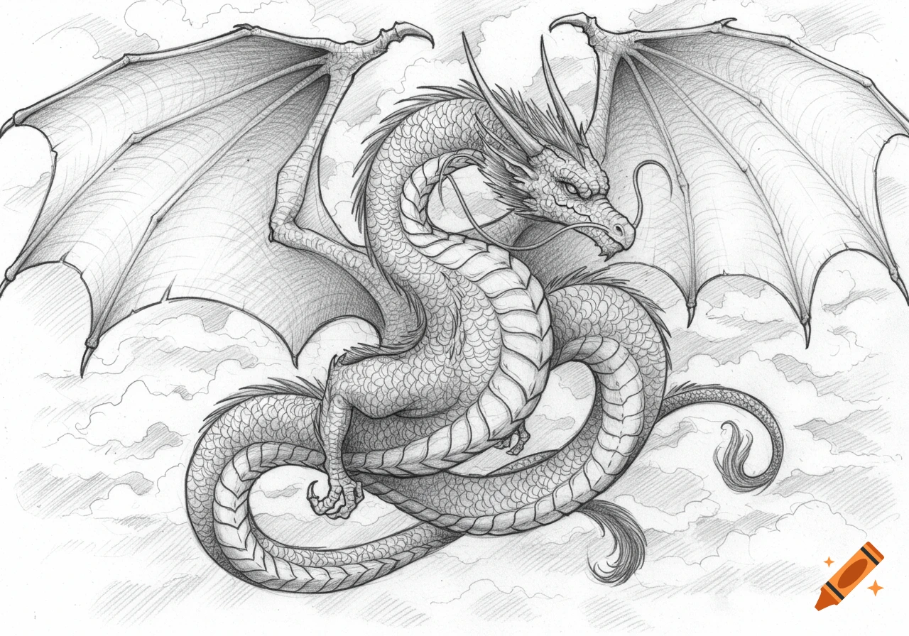 A detailed pencil sketch of a winged dragon with scales and horns, flying amidst clouds.