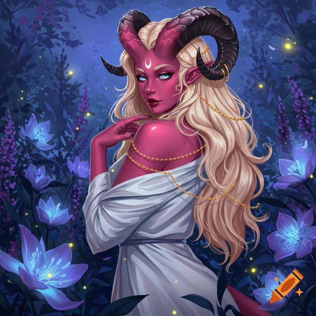 A beautiful pink-skinned tiefling with long blonde hair and ram horns, wearing white robes in a magical forest at night.