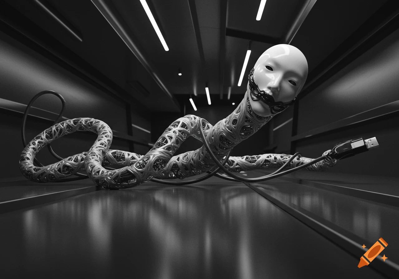 A black and white image of an abstract creature with a white, faceless mask for a head, and a body made of intricate, tangled wires ending in a USB connector, in a dark, futuristic room with glowing strip lights.