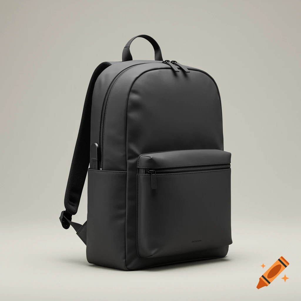 A sleek, dark grey minimalistic backpack with zippers and compartments on a neutral studio background.