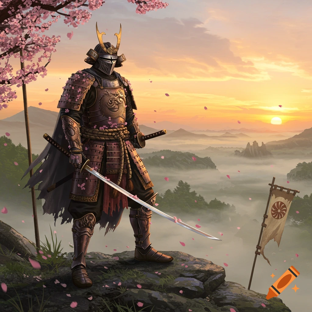 A samurai-style knight in full armor stands on a cliff with a katana, overlooking a misty mountain landscape at sunset with cherry blossoms.