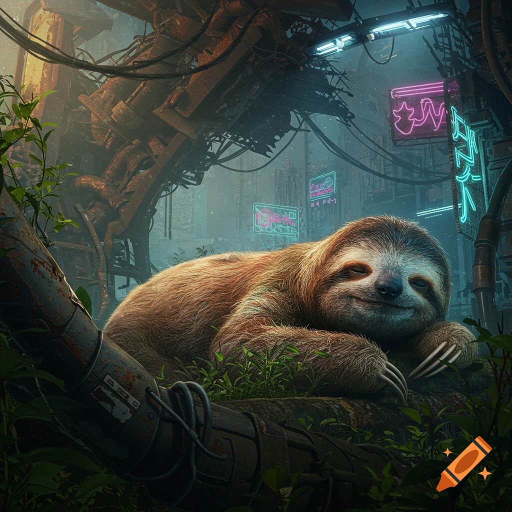 A content sloth rests on a pipe amidst an overgrown, dilapidated cyberpunk city with glowing neon signs.