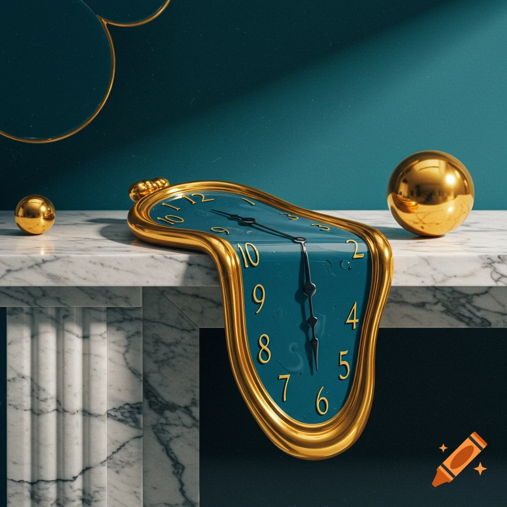 A gold melting clock with a teal face draped over a white marble table, inspired by Surrealism, with two golden spheres.