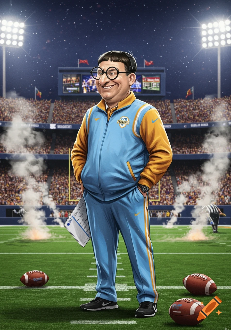 A cartoon football coach resembling Vector from Despicable Me stands on a football field in a stadium.