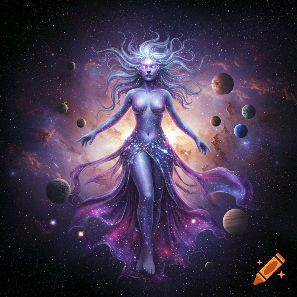 A majestic, glowing goddess-like figure, made of stars and galaxies, floats among planets in a vibrant cosmic expanse.