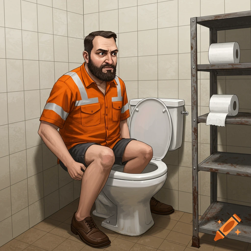 A bearded man in an orange high-vis shirt and shorts sits on a white toilet, looking distressed, in a tiled bathroom with a metal shelf holding toilet paper.