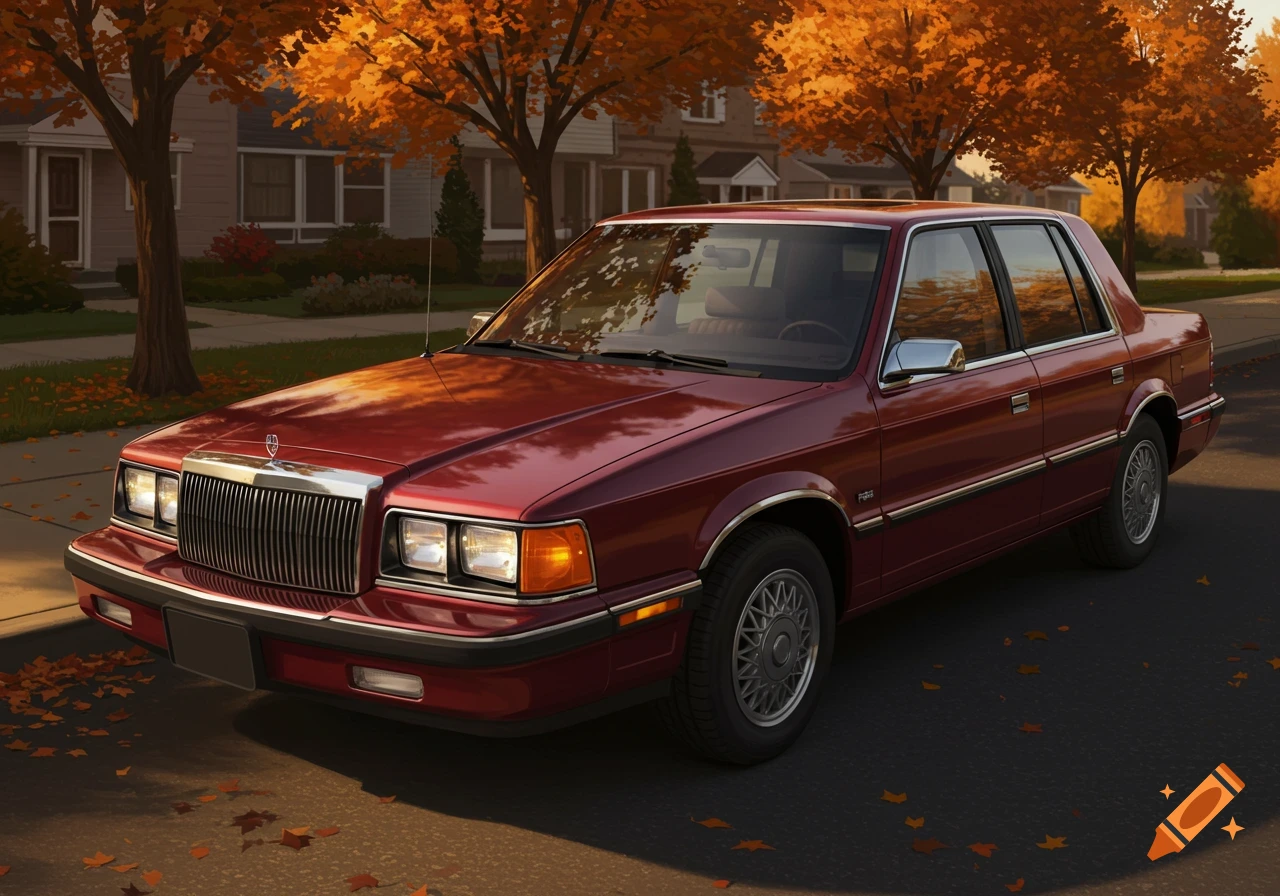 A maroon 1991 Chrysler Dynasty sedan parked on an autumn street with fallen leaves and houses in the background.