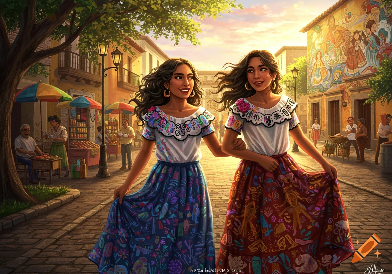 Two Latina women in colorful embroidered dresses walk arm-in-arm through a vibrant outdoor market street at sunset.