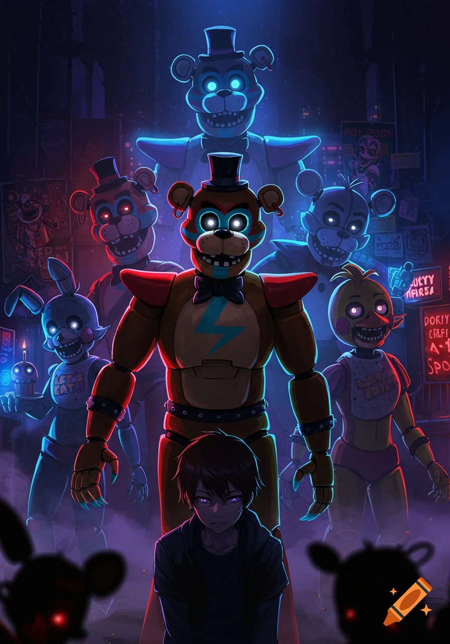 A human child with purple eyes looks directly ahead, surrounded by several glowing-eyed animatronic characters, including Freddy Fazbear, in a dark, stylized setting.