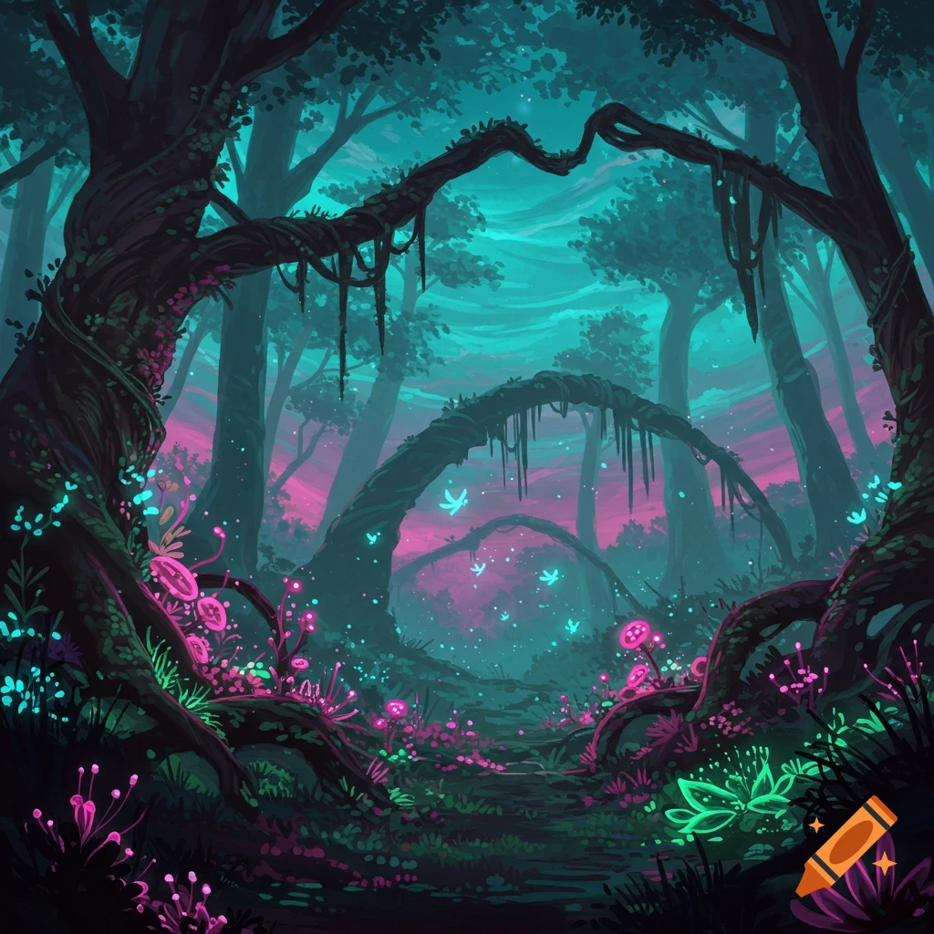 A vibrant, stylized alien forest with glowing pink and teal flora under a colorful twilight sky.